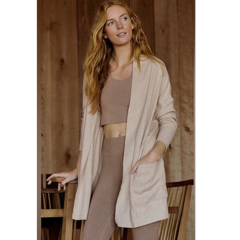 Pact Airplane Cardigan Organic Cotton Open Front Wrap Oversized Beige Size M/L
